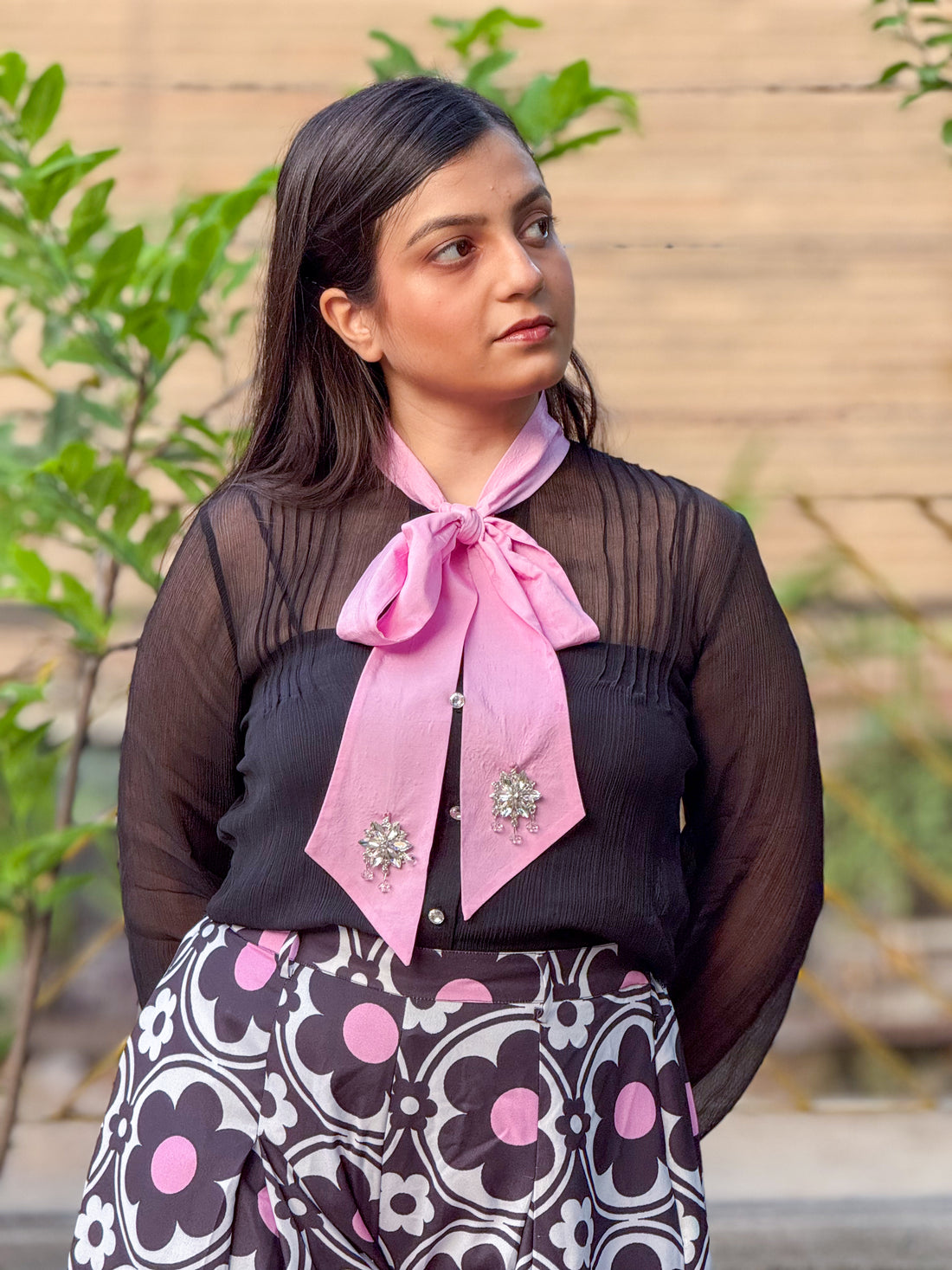 Sheer Chiffon Bow Shirt - Black & Pink