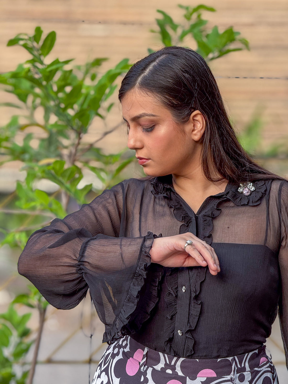Sheer Chiffon Ruffle Shirt - Black & Pink