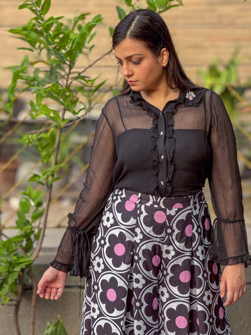 Sheer Chiffon Ruffle Shirt - Black & Pink