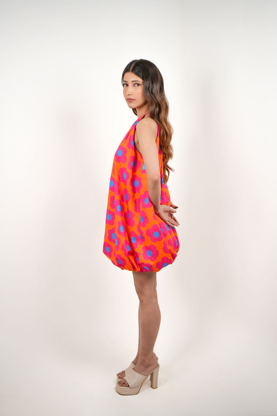 Mystic Bloom Halter Neck Balloon Dress - Pink & Orange