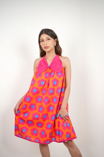 Mystic Bloom Bow Dress - Pink & orange