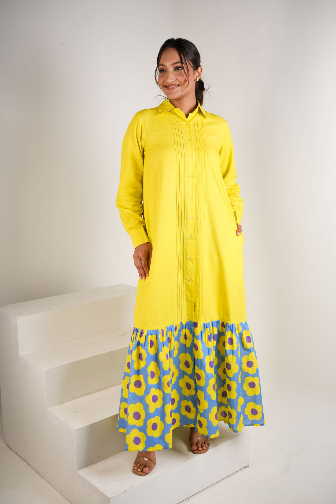 Mystic Bloom Layered Shirt Dress Long - Neon Yellow