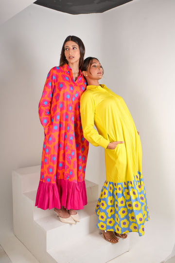 Mystic Bloom Layered Shirt Dress Long - Neon Yellow