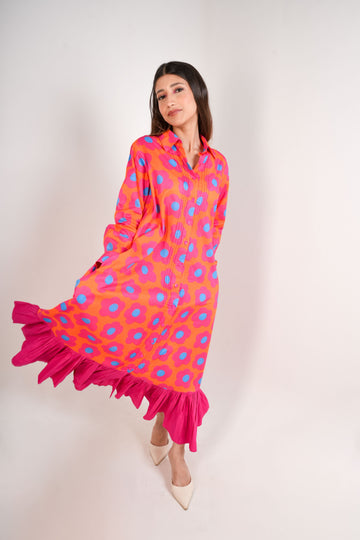 Mystic Bloom Layered Shirt Dress - Orange & Pink