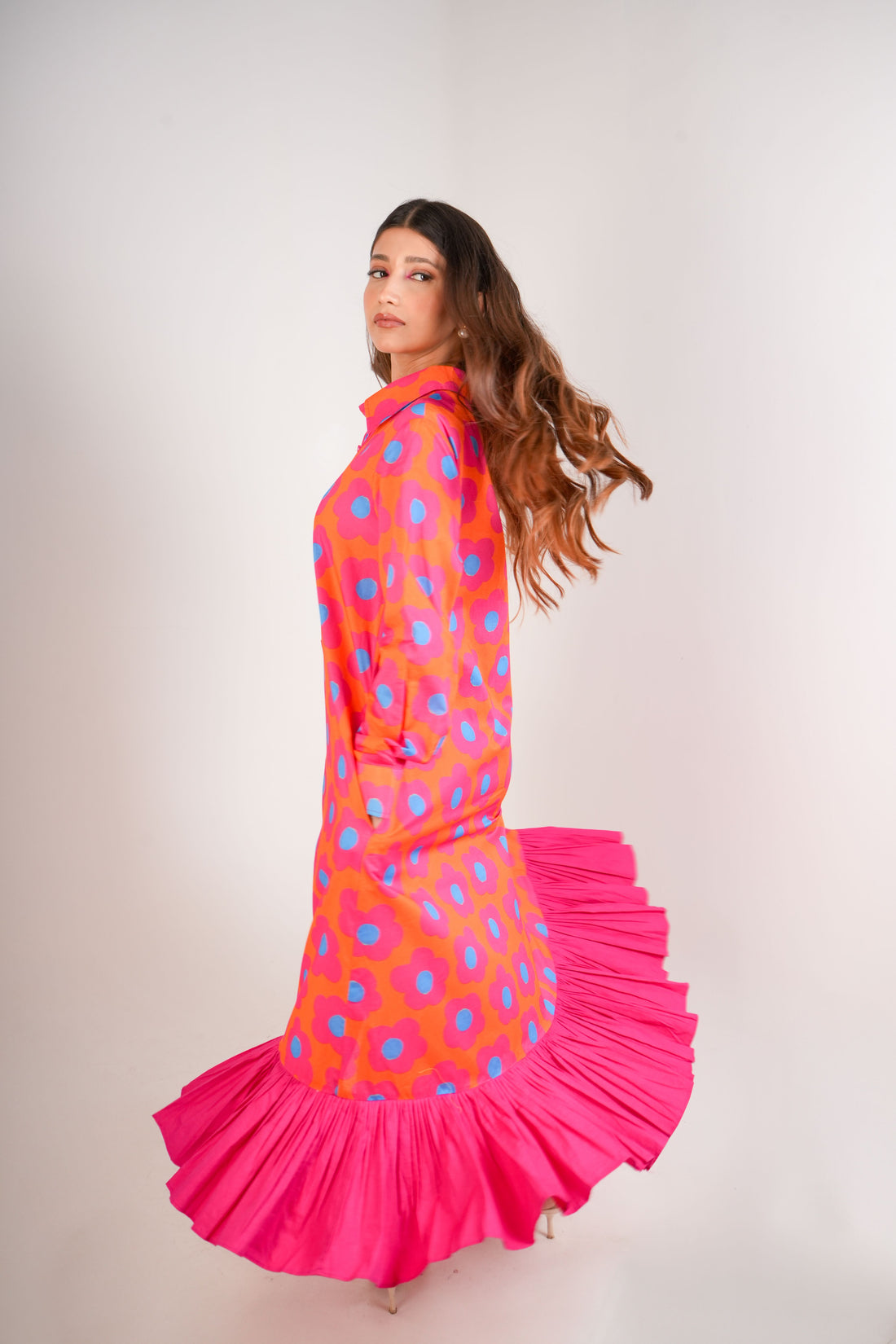Mystic Bloom Layered Shirt Dress - Orange & Pink