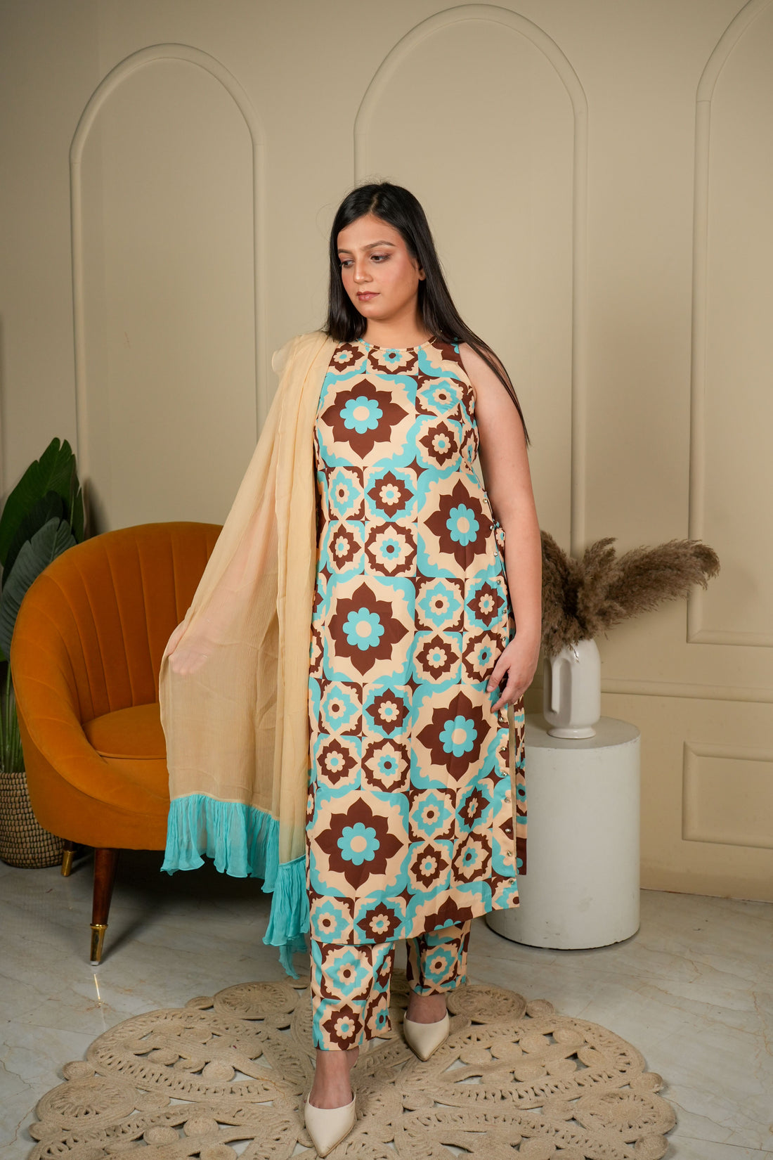Mandala Bloom High Slit Kurta with Pants & Dupatta