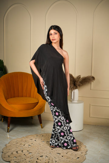 Retro Bloom Bell Bottom Pants with One Shoulder Top