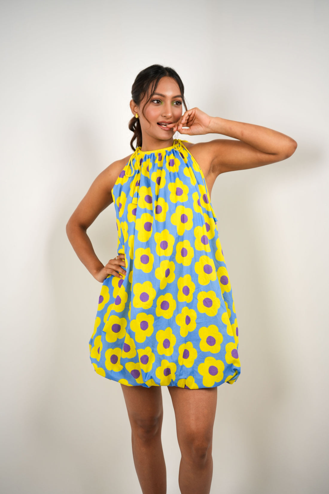 Mystic Bloom Halter Neck Balloon Dress - Neon & Blue