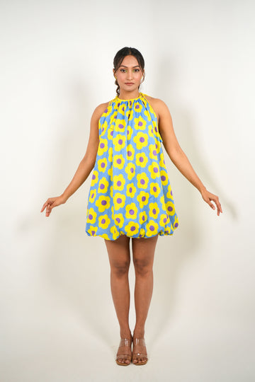 Mystic Bloom Halter Neck Balloon Dress - Neon & Blue