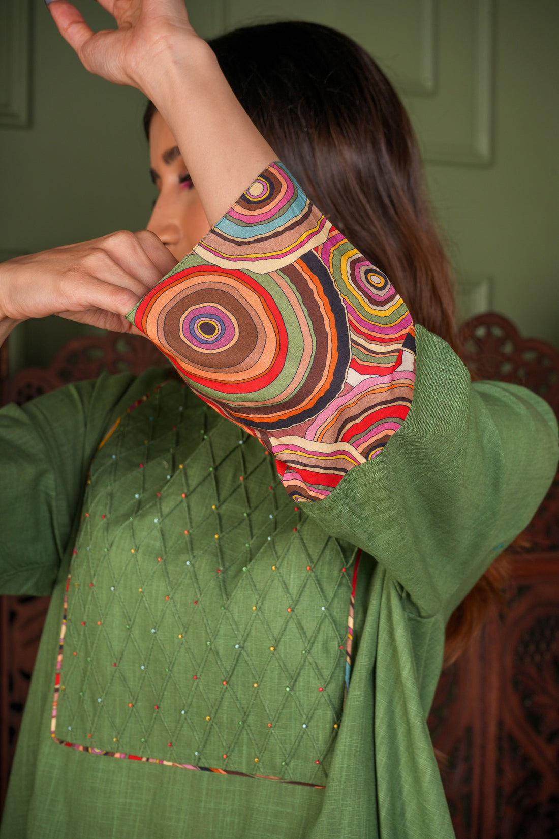 Circle Theory Harmony Kurta Set- Olive Green